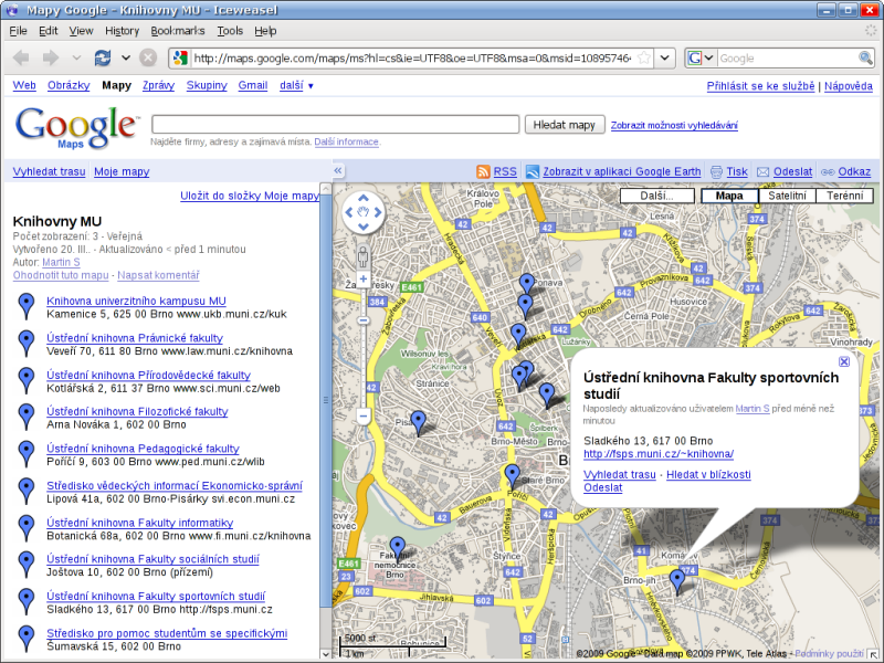Google Maps - Vlastní mapy - Příklad mapy "Knihovny MU"