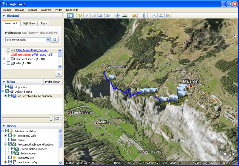 Google Earth - 3D terén s vlastní mapou 'Via Ferrata in Lauterbrunnen'