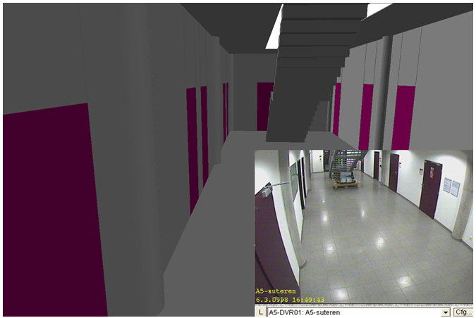 Srovnání 3D modelu interiéru budovy a obrazu kamery systému CCTV